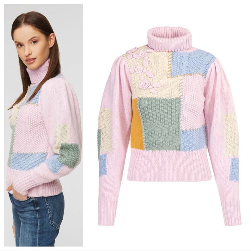 LoveShackFancy Allan Patchwork Turtleneck Sweater Pullover Size M in Autumn Fest